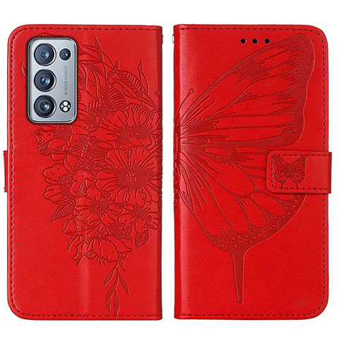 Handytasche Stand Schutzhülle Flip Leder Hülle Schmetterling Y01B für Oppo Reno6 Pro+ Plus 5G Rot