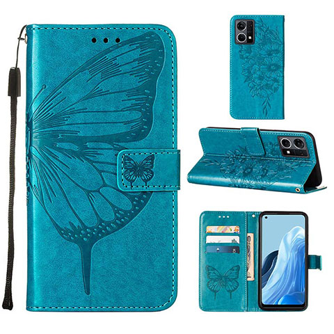 Handytasche Stand Schutzhülle Flip Leder Hülle Schmetterling Y01B für Oppo Reno7 4G Blau