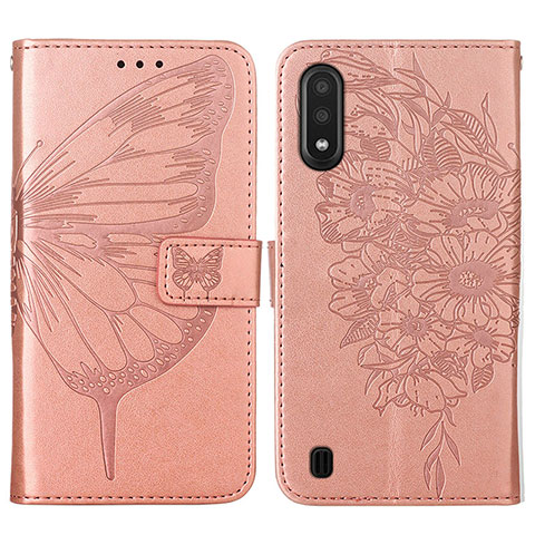 Handytasche Stand Schutzhülle Flip Leder Hülle Schmetterling Y01B für Samsung Galaxy A01 SM-A015 Rosegold