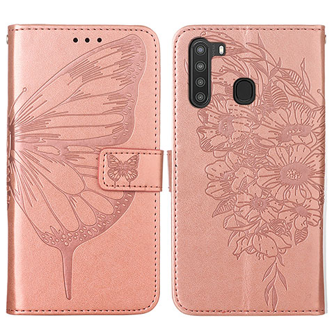 Handytasche Stand Schutzhülle Flip Leder Hülle Schmetterling Y01B für Samsung Galaxy A21 Rosegold