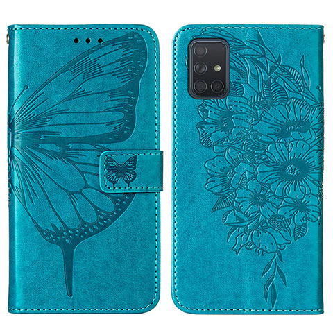 Handytasche Stand Schutzhülle Flip Leder Hülle Schmetterling Y01B für Samsung Galaxy A71 4G A715 Blau