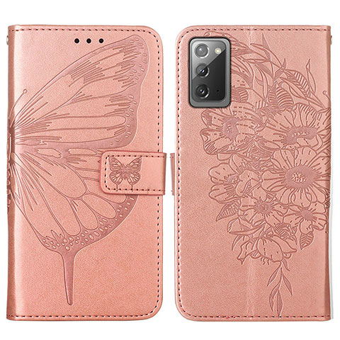 Handytasche Stand Schutzhülle Flip Leder Hülle Schmetterling Y01B für Samsung Galaxy Note 20 5G Rosegold