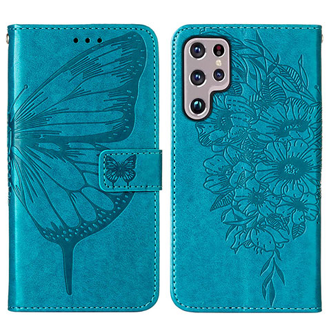 Handytasche Stand Schutzhülle Flip Leder Hülle Schmetterling Y06B für Samsung Galaxy S23 Ultra 5G Blau