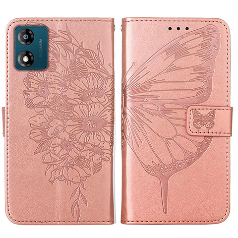 Handytasche Stand Schutzhülle Flip Leder Hülle Schmetterling YB1 für Motorola Moto E13 Rosegold