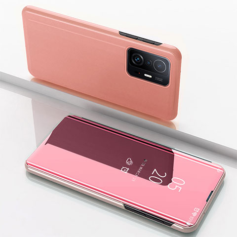 Handytasche Stand Schutzhülle Flip Leder Rahmen Spiegel Tasche QH1 für Xiaomi Mi 11T 5G Rosegold