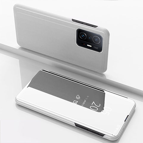 Handytasche Stand Schutzhülle Flip Leder Rahmen Spiegel Tasche QH1 für Xiaomi Mi 11T 5G Silber