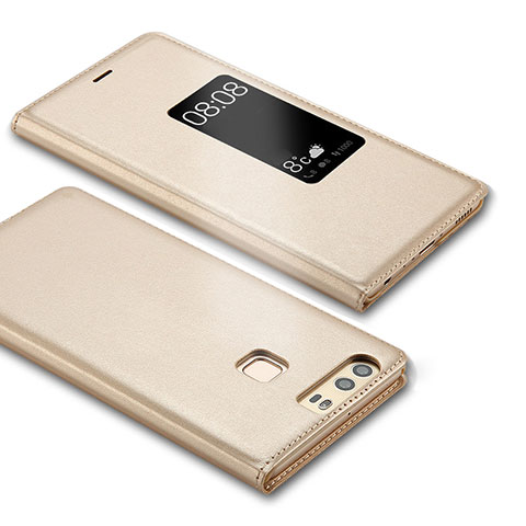 Handytasche Stand Schutzhülle Leder L03 für Huawei P9 Gold