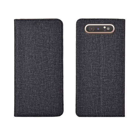 Handytasche Stand Schutzhülle Stoff H01 für Samsung Galaxy A80 Schwarz