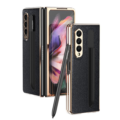 Luxus Leder Hülle Handyhülle und Kunststoff Schutzhülle Hartschalen Tasche C05 für Samsung Galaxy Z Fold3 5G Schwarz