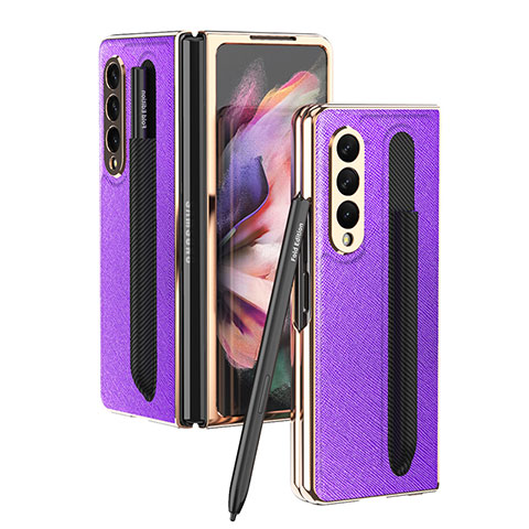 Luxus Leder Hülle Handyhülle und Kunststoff Schutzhülle Hartschalen Tasche C05 für Samsung Galaxy Z Fold3 5G Violett