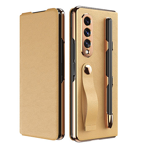 Luxus Leder Hülle Handyhülle und Kunststoff Schutzhülle Hartschalen Tasche C06 für Samsung Galaxy Z Fold3 5G Gold