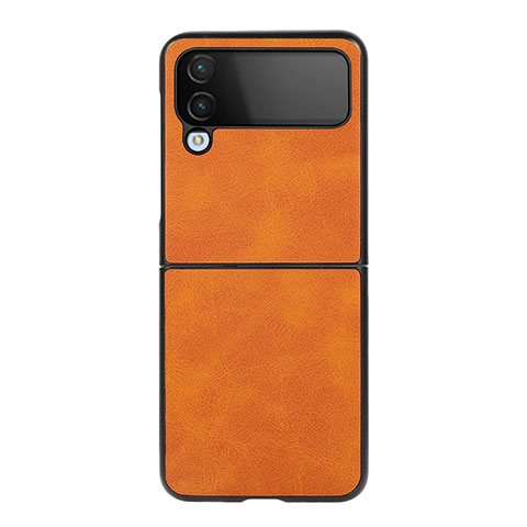 Luxus Leder Hülle Handyhülle und Kunststoff Schutzhülle Hartschalen Tasche C07 für Samsung Galaxy Z Flip4 5G Orange