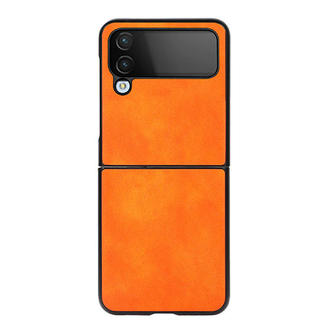 Luxus Leder Hülle Handyhülle und Kunststoff Schutzhülle Hartschalen Tasche C09 für Samsung Galaxy Z Flip4 5G Orange