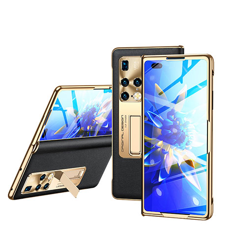 Luxus Leder Hülle Handyhülle und Kunststoff Schutzhülle Hartschalen Tasche GS1 für Huawei Mate X2 Gold und Schwarz