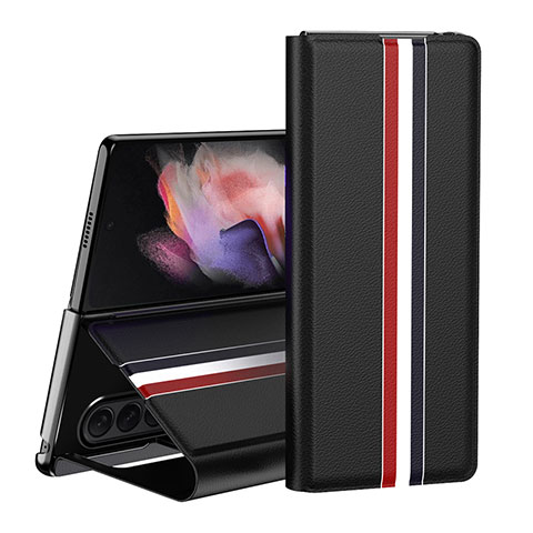 Luxus Leder Hülle Handyhülle und Kunststoff Schutzhülle Hartschalen Tasche H02 für Samsung Galaxy Z Fold3 5G Schwarz