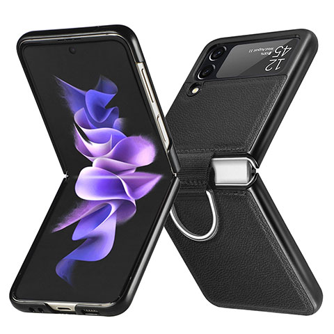 Luxus Leder Hülle Handyhülle und Kunststoff Schutzhülle Hartschalen Tasche L06 für Samsung Galaxy Z Flip3 5G Schwarz