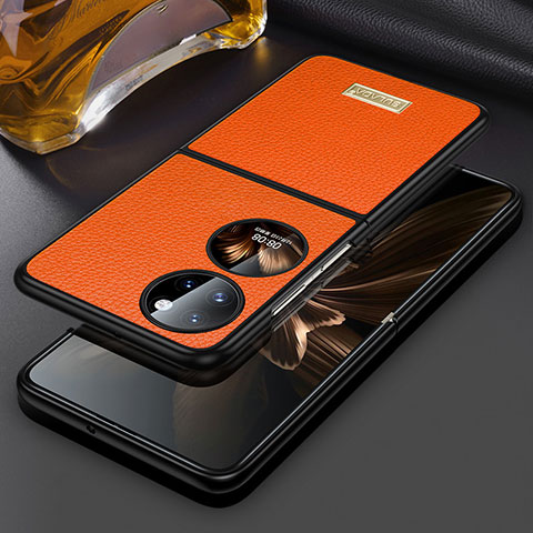 Luxus Leder Hülle Handyhülle und Kunststoff Schutzhülle Hartschalen Tasche LD1 für Huawei Pocket S Orange