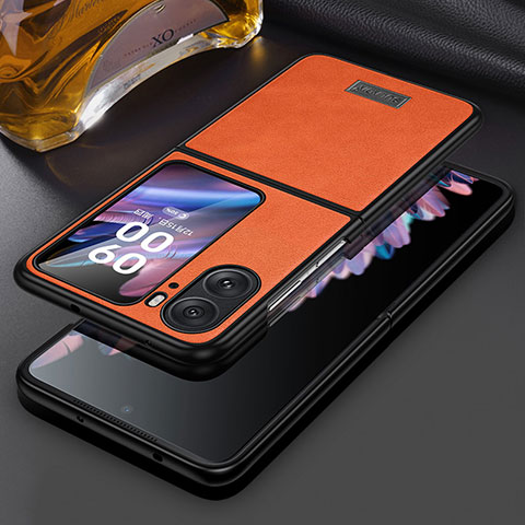 Luxus Leder Hülle Handyhülle und Kunststoff Schutzhülle Hartschalen Tasche LD1 für Oppo Find N2 Flip 5G Orange
