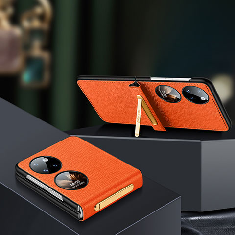 Luxus Leder Hülle Handyhülle und Kunststoff Schutzhülle Hartschalen Tasche LD2 für Huawei P50 Pocket Orange