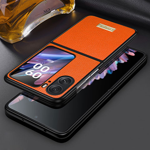 Luxus Leder Hülle Handyhülle und Kunststoff Schutzhülle Hartschalen Tasche LD2 für Oppo Find N2 Flip 5G Orange