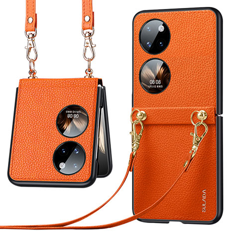 Luxus Leder Hülle Handyhülle und Kunststoff Schutzhülle Hartschalen Tasche LD5 für Huawei P60 Pocket Orange