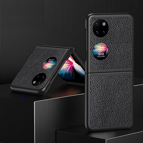 Luxus Leder Hülle Handyhülle und Kunststoff Schutzhülle Hartschalen Tasche QH3 für Huawei Pocket S Schwarz