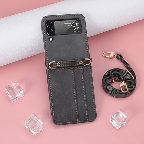 Luxus Leder Hülle Handyhülle und Kunststoff Schutzhülle Hartschalen Tasche R06 für Samsung Galaxy Z Flip3 5G Schwarz