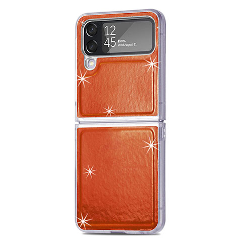 Luxus Leder Hülle Handyhülle und Kunststoff Schutzhülle Hartschalen Tasche R08 für Samsung Galaxy Z Flip4 5G Orange