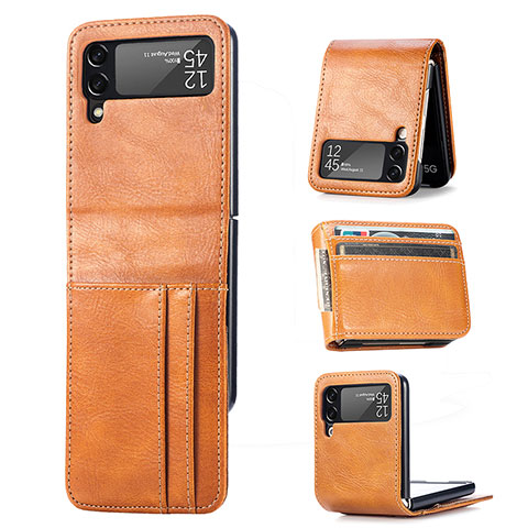 Luxus Leder Hülle Handyhülle und Kunststoff Schutzhülle Hartschalen Tasche R09 für Samsung Galaxy Z Flip4 5G Braun