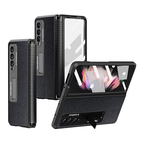 Luxus Leder Hülle Handyhülle und Kunststoff Schutzhülle Hartschalen Tasche R09 für Samsung Galaxy Z Fold3 5G Schwarz