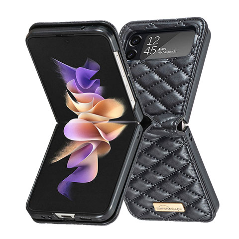 Luxus Leder Hülle Handyhülle und Kunststoff Schutzhülle Hartschalen Tasche S02 für Samsung Galaxy Z Flip4 5G Schwarz