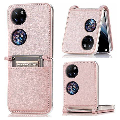 Luxus Leder Hülle Handyhülle und Kunststoff Schutzhülle Hartschalen Tasche SD1 für Huawei P50 Pocket Rosegold