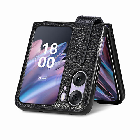 Luxus Leder Hülle Handyhülle und Kunststoff Schutzhülle Hartschalen Tasche SD3 für Oppo Find N2 Flip 5G Schwarz