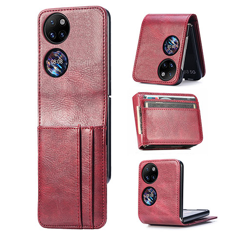 Luxus Leder Hülle Handyhülle und Kunststoff Schutzhülle Hartschalen Tasche SD4 für Huawei P50 Pocket Rot