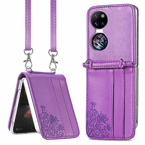 Luxus Leder Hülle Handyhülle und Kunststoff Schutzhülle Hartschalen Tasche SD6 für Huawei P50 Pocket Violett