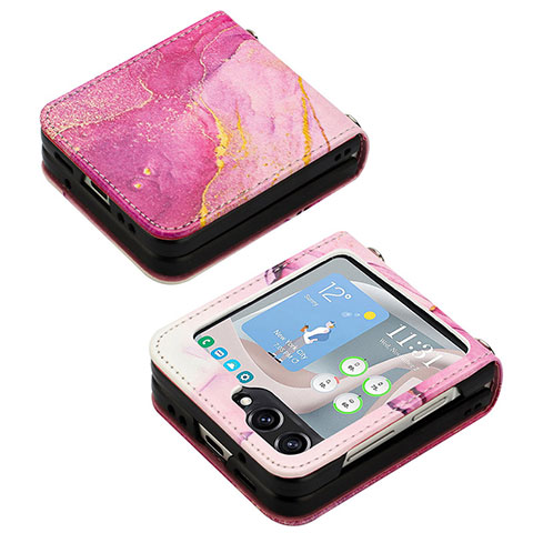 Luxus Leder Hülle Handyhülle und Kunststoff Schutzhülle Hartschalen Tasche YB2 für Samsung Galaxy Z Flip5 5G Pink