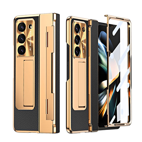 Luxus Leder Hülle Handyhülle und Kunststoff Schutzhülle Hartschalen Tasche ZL4 für Samsung Galaxy Z Fold5 5G Gold und Schwarz