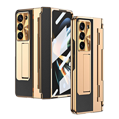 Luxus Leder Hülle Handyhülle und Kunststoff Schutzhülle Hartschalen Tasche ZL5 für Samsung Galaxy Z Fold5 5G Gold und Schwarz