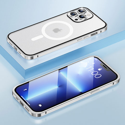 Schutzhülle Luxus Metall Rahmen und Kunststoff Schutzhülle Tasche mit Mag-Safe Magnetic Magnetisch LF1 für Apple iPhone 13 Pro Silber