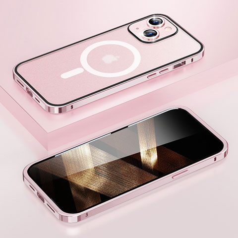 Schutzhülle Luxus Metall Rahmen und Kunststoff Schutzhülle Tasche mit Mag-Safe Magnetic Magnetisch LF1 für Apple iPhone 15 Rosegold