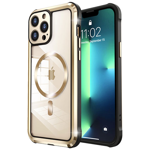 Schutzhülle Luxus Metall Rahmen und Kunststoff Schutzhülle Tasche mit Mag-Safe Magnetic Magnetisch LF2 für Apple iPhone 13 Pro Gold