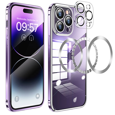 Schutzhülle Luxus Metall Rahmen und Kunststoff Schutzhülle Tasche mit Mag-Safe Magnetic Magnetisch LF3 für Apple iPhone 14 Pro Violett