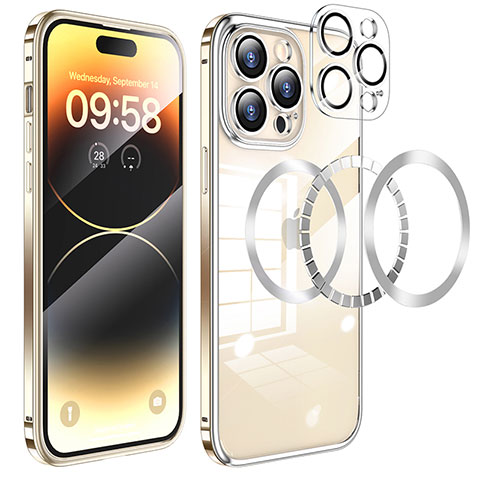 Schutzhülle Luxus Metall Rahmen und Kunststoff Schutzhülle Tasche mit Mag-Safe Magnetic Magnetisch LF3 für Apple iPhone 15 Pro Gold