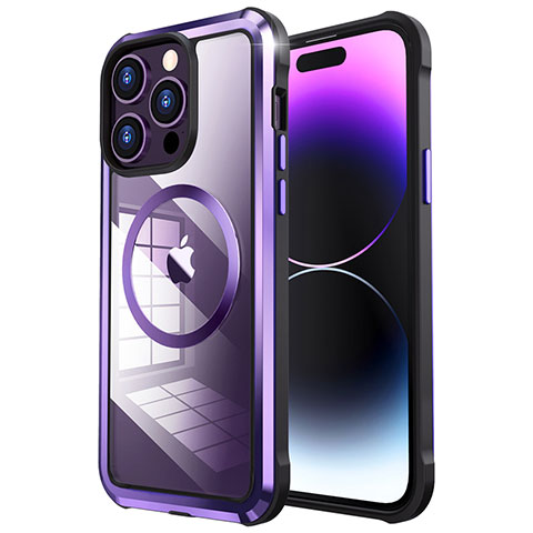 Schutzhülle Luxus Metall Rahmen und Kunststoff Schutzhülle Tasche mit Mag-Safe Magnetic Magnetisch LF4 für Apple iPhone 14 Pro Max Violett