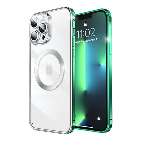 Schutzhülle Luxus Metall Rahmen und Kunststoff Schutzhülle Tasche mit Mag-Safe Magnetic Magnetisch LF5 für Apple iPhone 13 Pro Max Grün