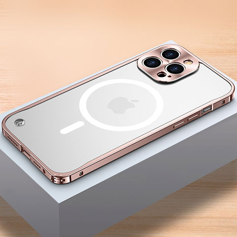 Schutzhülle Luxus Metall Rahmen und Kunststoff Schutzhülle Tasche mit Mag-Safe Magnetic Magnetisch QC1 für Apple iPhone 14 Pro Max Rosegold