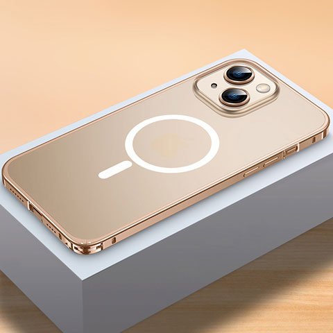 Schutzhülle Luxus Metall Rahmen und Kunststoff Schutzhülle Tasche mit Mag-Safe Magnetic Magnetisch QC2 für Apple iPhone 13 Gold