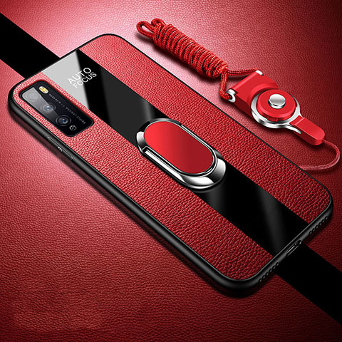 Silikon Hülle Handyhülle Gummi Schutzhülle Flexible Leder Tasche mit Magnetisch Fingerring Ständer für Huawei Enjoy 20 Pro 5G Rot