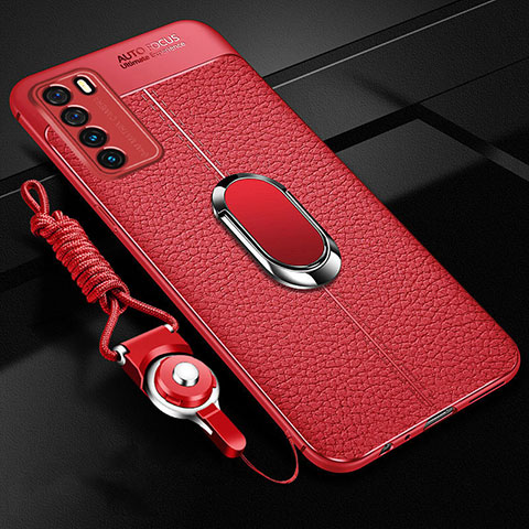 Silikon Hülle Handyhülle Gummi Schutzhülle Flexible Leder Tasche mit Magnetisch Fingerring Ständer für Huawei Honor Play4 5G Rot