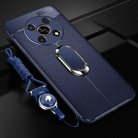 Silikon Hülle Handyhülle Gummi Schutzhülle Flexible Leder Tasche mit Magnetisch Fingerring Ständer für Huawei Honor X9 5G Blau